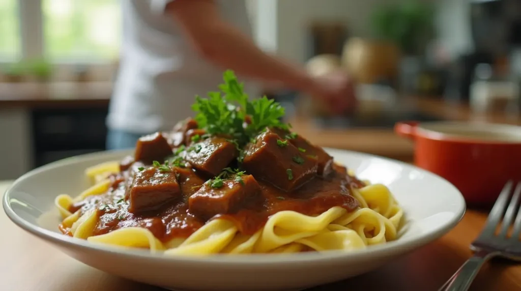 beef tips and noodles slow cooker serving
