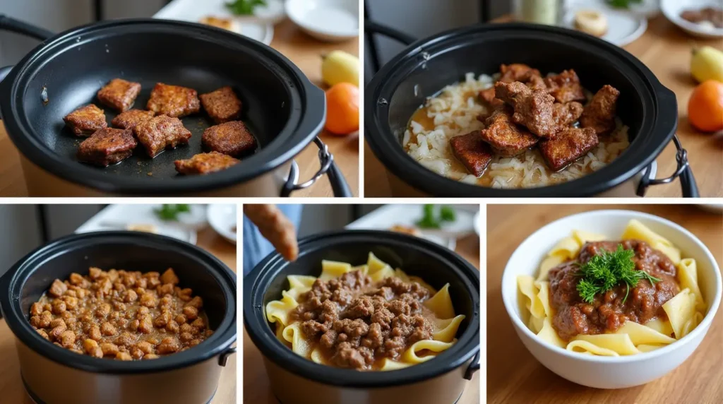 beef tips and noodles slow cooker step by step instructions