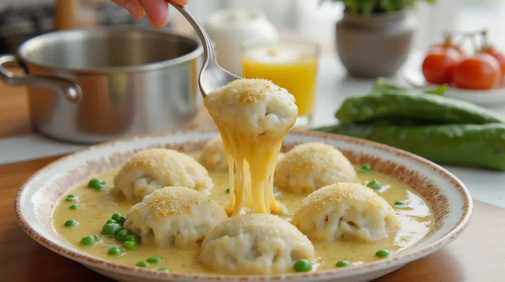 rainy day dinner ideas-Creamy Vegetable Soup with Herb Dumplings serving