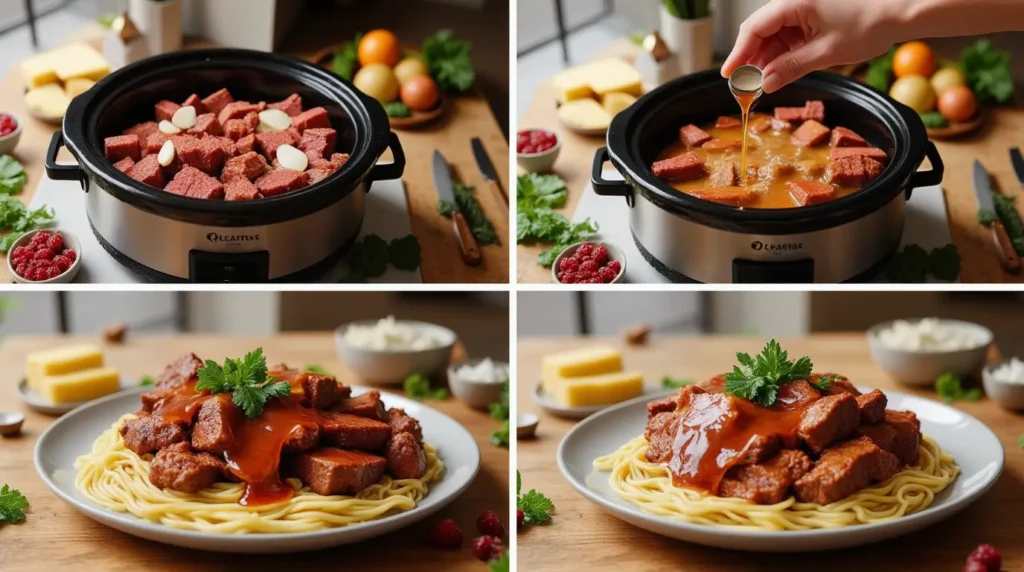 slow cooker beef tips and noodles step by step instructions