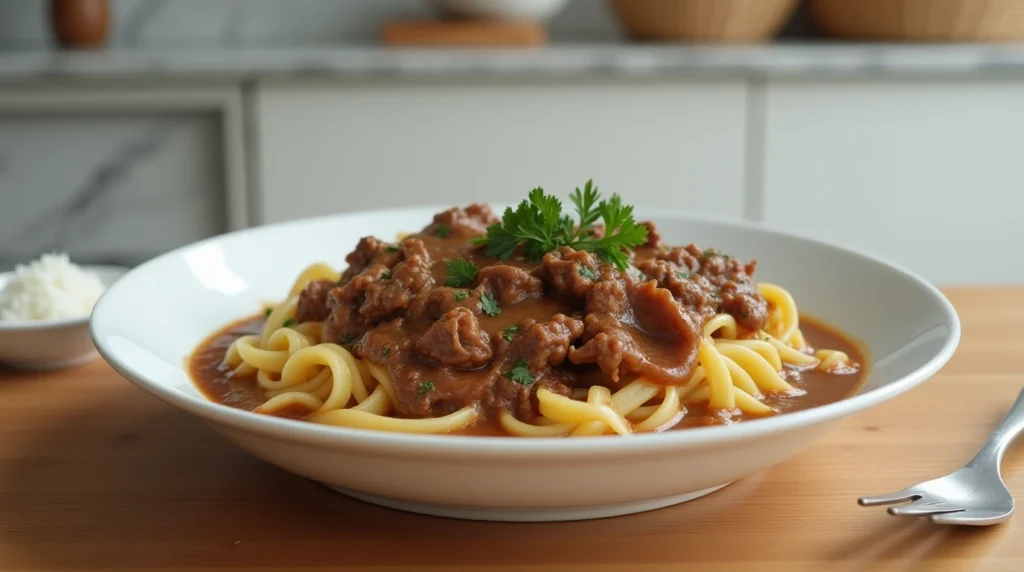 Old-Fashioned Beef and Noodles Recipe serving
