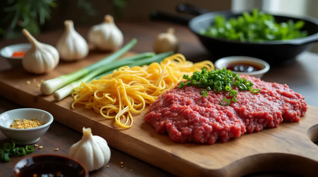 Ground Beef and Ramen ingredients